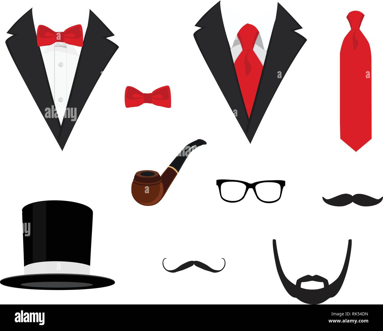 Herren Jacken. Tuxedo, mit Schnurrbärten, Brille, Bart, Rohr- und Hut. Hochzeit Anzüge mit Fliege und mit Krawatte. Vector Illustration Stock Vektor