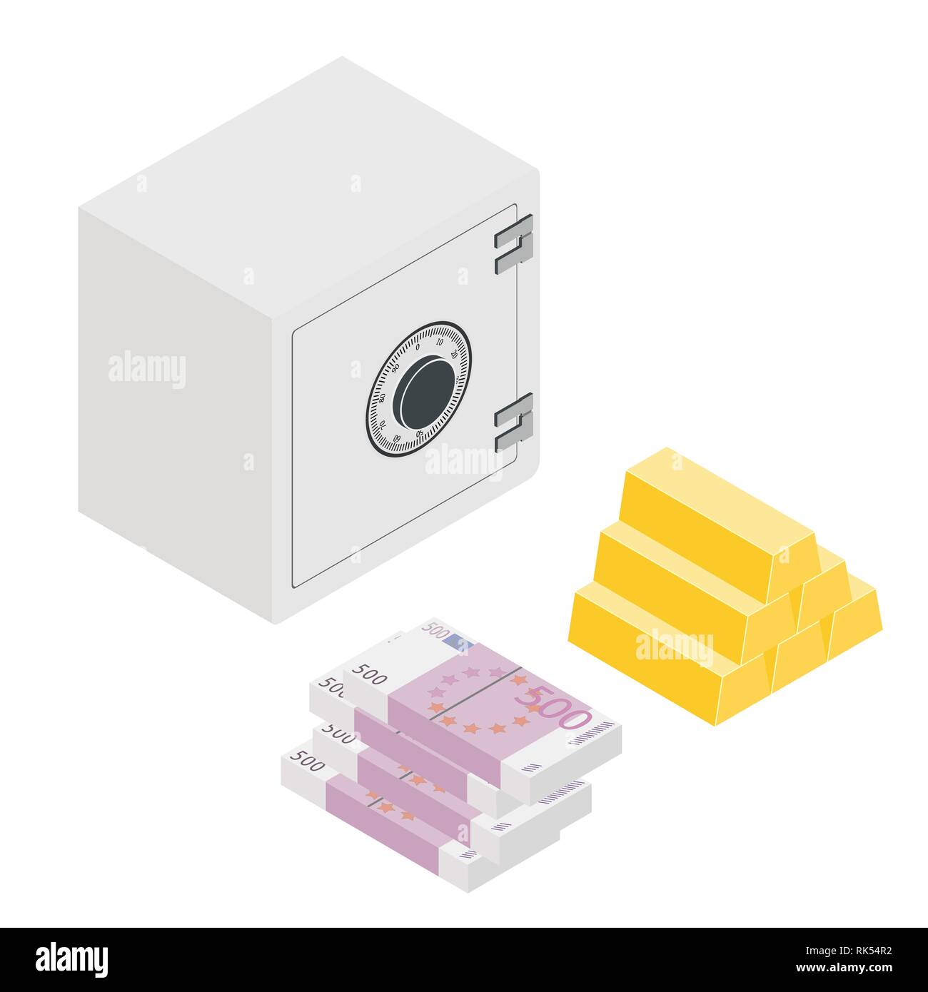 Vector Illustration isometrische Stahl Bank sicher, Stapel von Euro-Banknoten und gold Balken auf weissem Hintergrund. Finanzen Symbol Stock Vektor