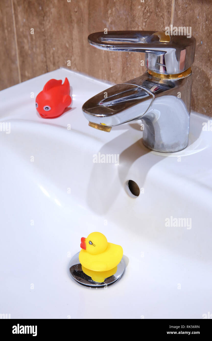 Gelbe Gummiente und rote Fische in einem weißen Keramik Waschbecken. Stockfoto