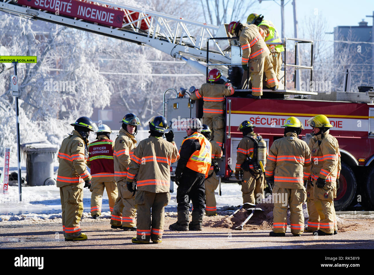 Montreal, Kanada, 9. Februar, 2019. Gruppe von Feuerwehrleuten Putting out apartment Feuer. Credit: Mario Beauregard/Alamy leben Nachrichten Stockfoto