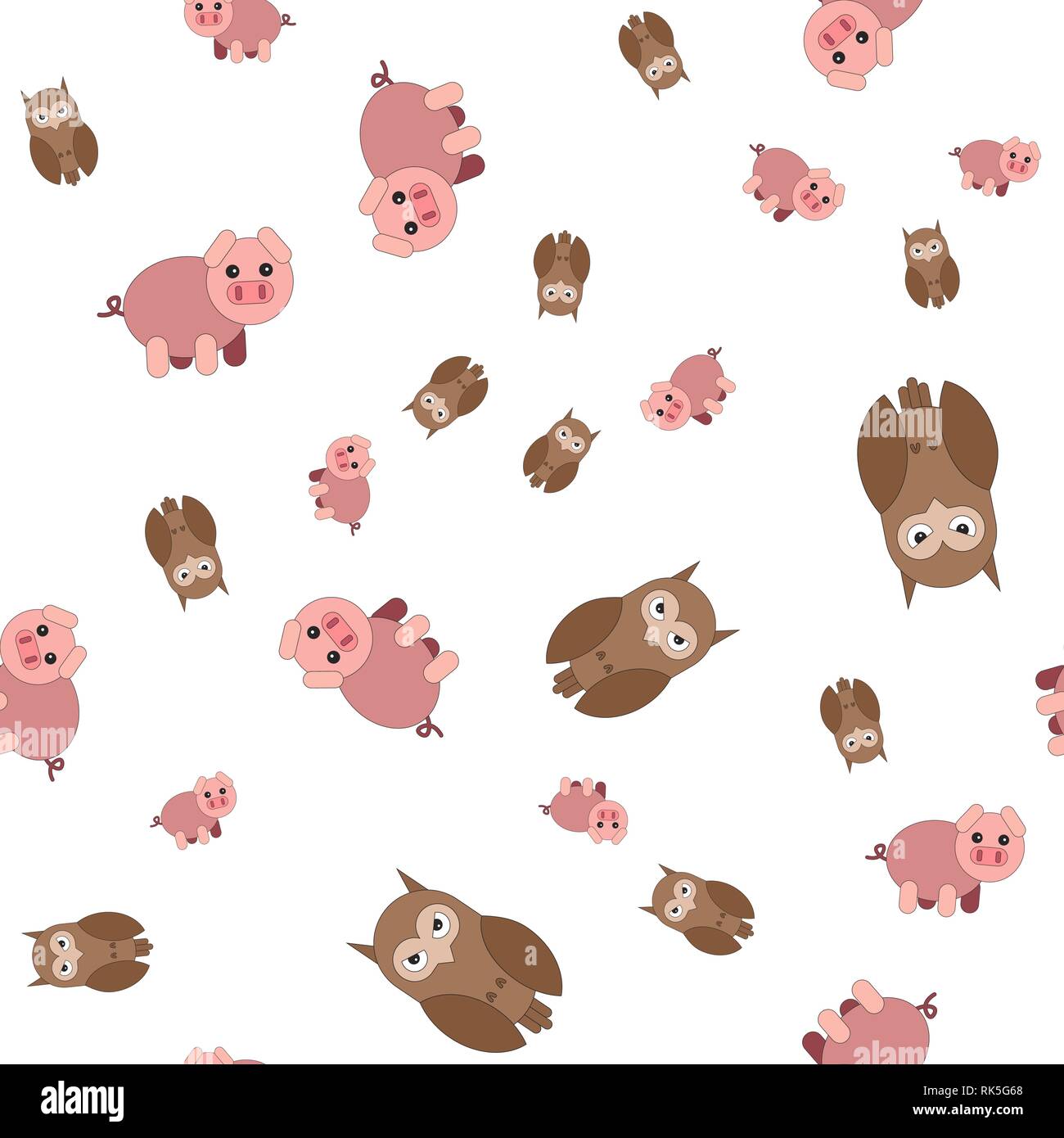 Nahtlose Muster aus Schwein und Eulen. Vector Illustration im Cartoon Stil. Stock Vektor