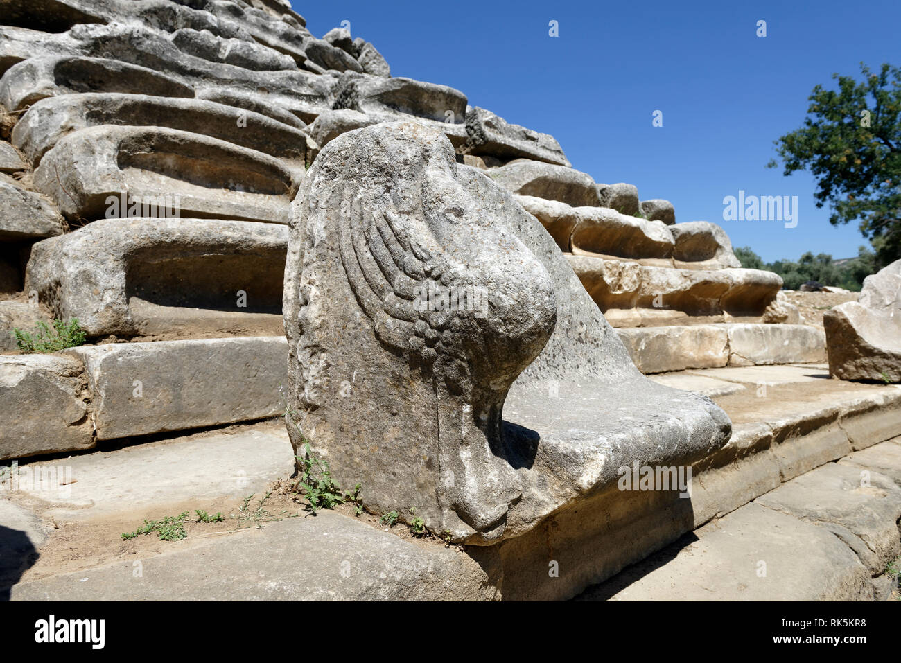 Reich verzierte Beispiel einer Proedria - Thron - wie Sitze in den vorderen Reihen der Hellenistischen Theater, alte Stratonicea, Eskihisar, Türkei. Auf einen Natür gebaut Stockfoto