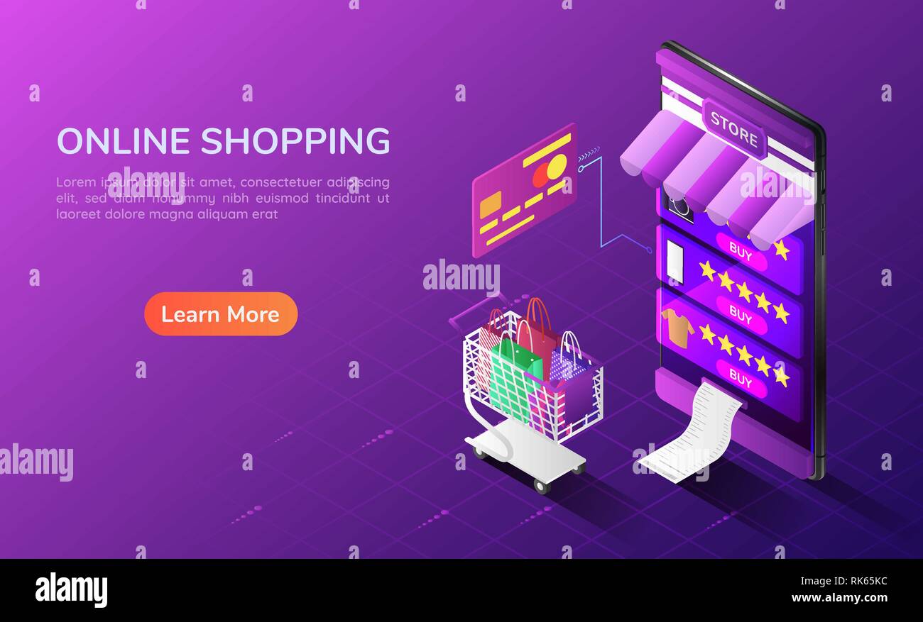 3d-isometrische Web Banner online shopping System im Smartphone mit Warenkorb und Kreditkarte. Online shopping Konzept Landing-page. Stock Vektor
