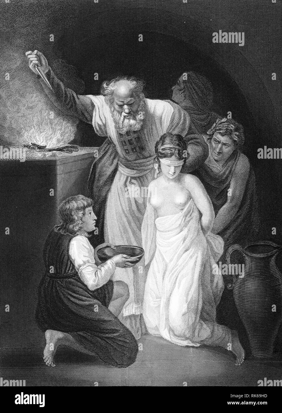 Gravur der Opfer des Jeftahs Tochter. Aus der Bibel Self-Interpeting, vielleicht die 1843 Edition. Stockfoto