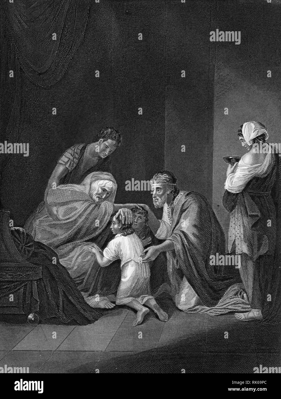 Kupferstich von Jakob segnet die Kinder Josephs, Manasse und Ephraim. Aus der Bibel Self-Interpeting, vielleicht die 1843 Edition. Stockfoto