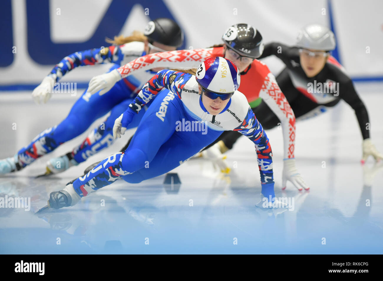 Torino, Italien. 9. Februar, 2019. ISU World Cup Short Track Speed am Tazzoli Eisbahn Torino statt Skaten. Damiano Benedetto/Alamy leben Nachrichten Stockfoto