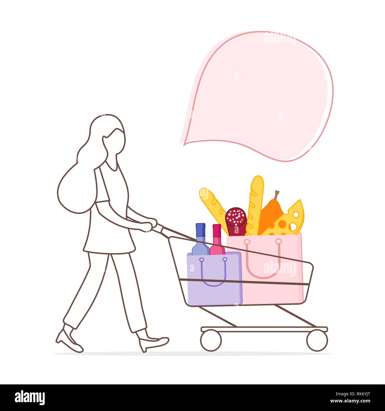 Vector Illustration mit Frau, die einen Warenkorb mit Speisen und Getränke aus dem Supermarkt. Shopping Konzept. Design für Ansage, advertis Stock Vektor