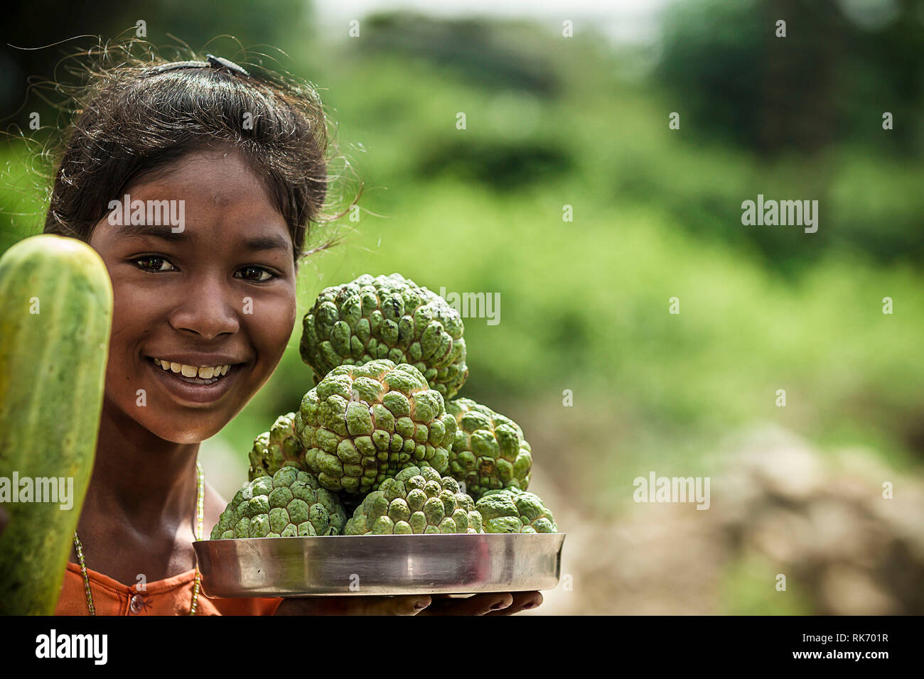 Junge Rajasthani Mädchen verkaufen Obst Stockfoto