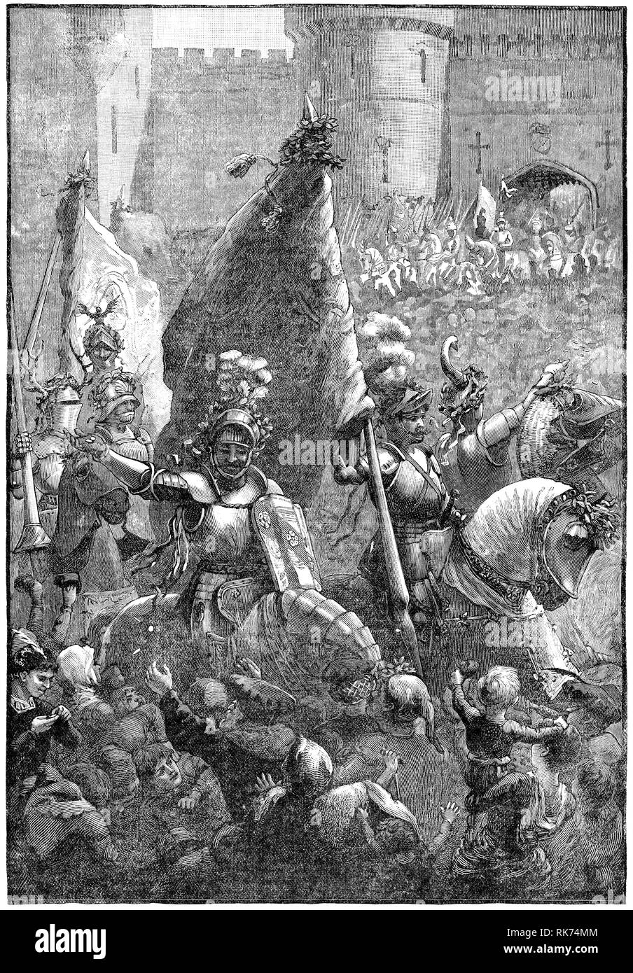 1888 viktorianischen Gravur "Die Sieger 'Return' gezeichnet für die Jungen 'eigenen Papier von J.H.Walker. Ritter und Soldaten triumphierend geben Sie eine Burg oder ummauerten Stadt, während Massen von Menschen groß. Stockfoto