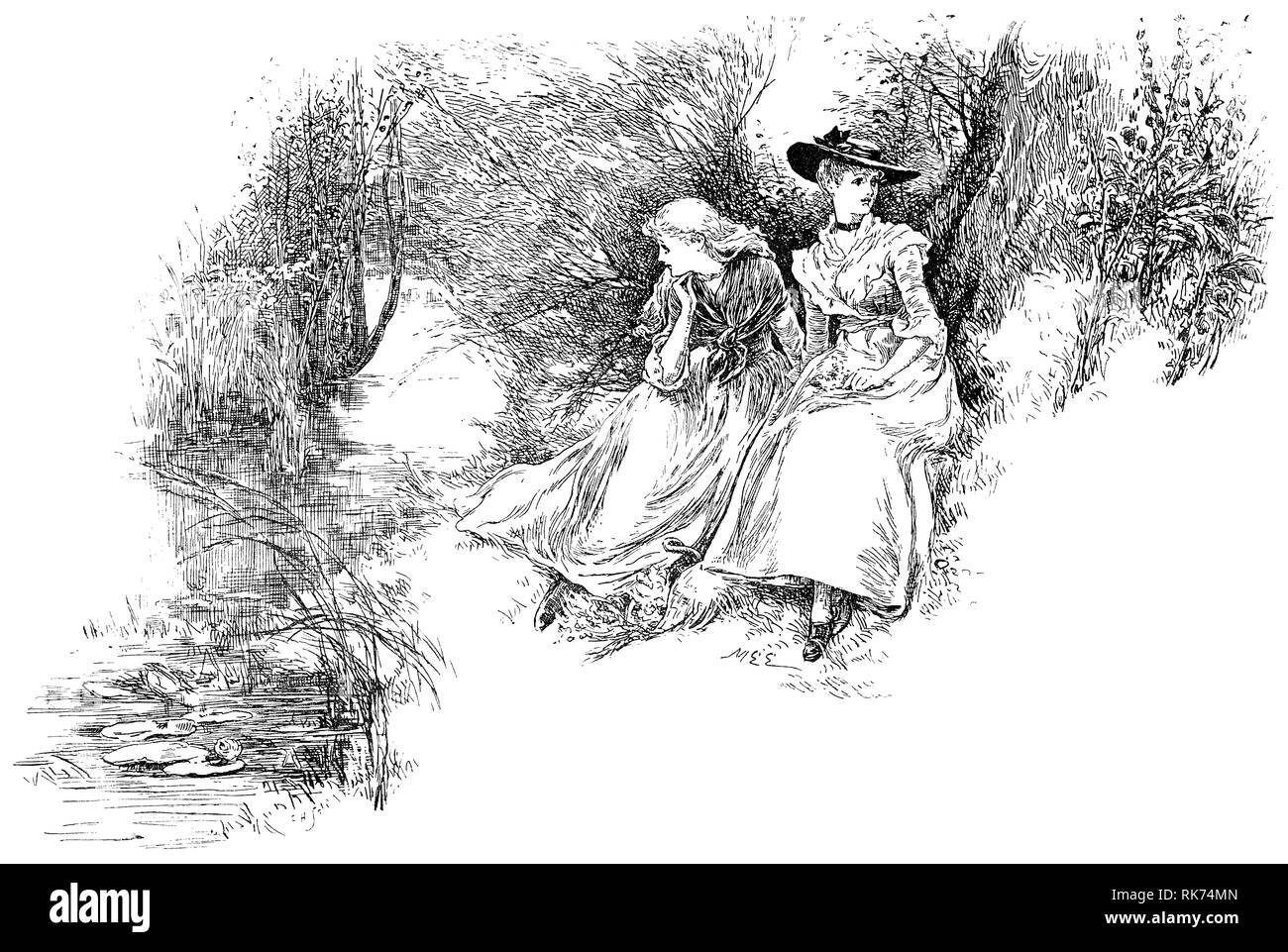Illustration von Mary Ellen Edwards (1838-1934) von zwei jungen Damen im Viktorianischen Kostüm sitzen durch einen Fluss. Aus Nister's Holiday Jahresbericht 1892. Stockfoto