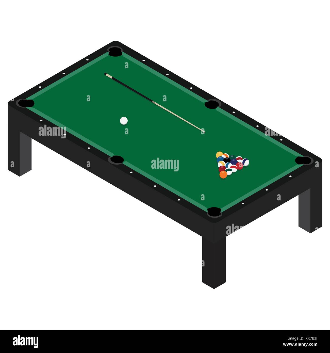 Vector Illustration realistische Billardtisch mit Kugeln und Cue. Billardtisch mit grünem Tuch isometrische 3D-Perspektive Stock Vektor