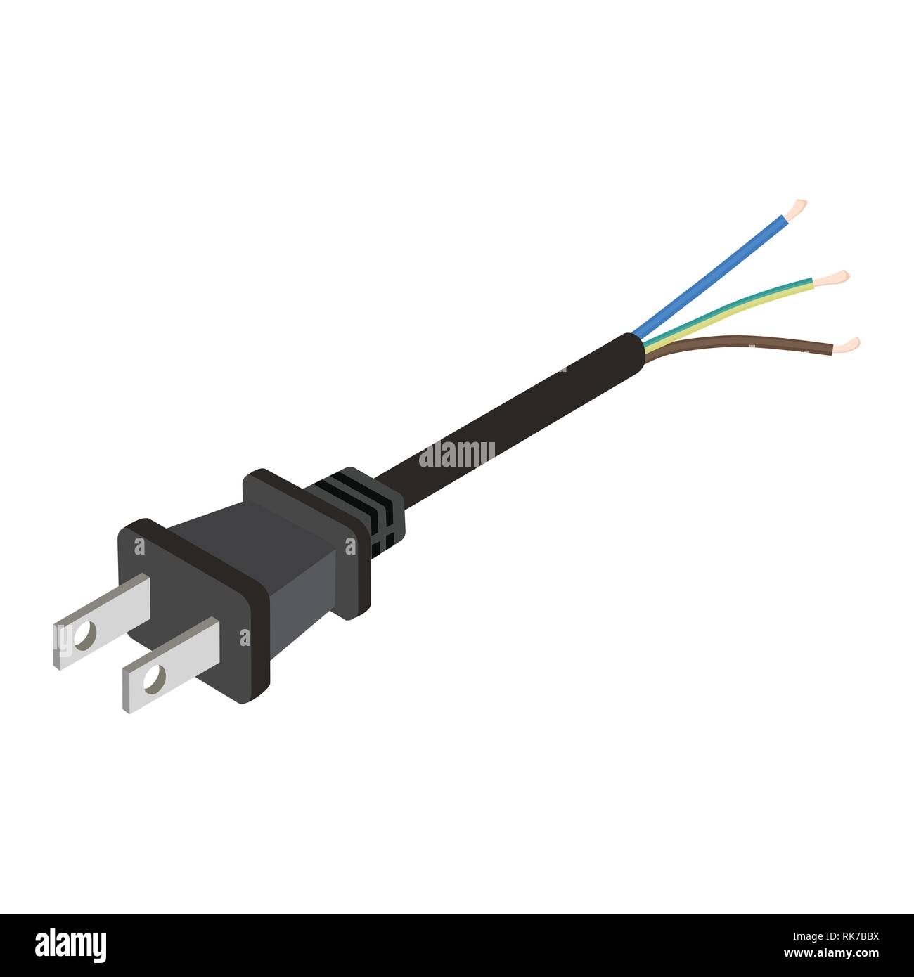 UK Netzstecker mit flexiblen 3-adrigen Elektrokabel auf weißem Hintergrund. Vector Illustration Stock Vektor