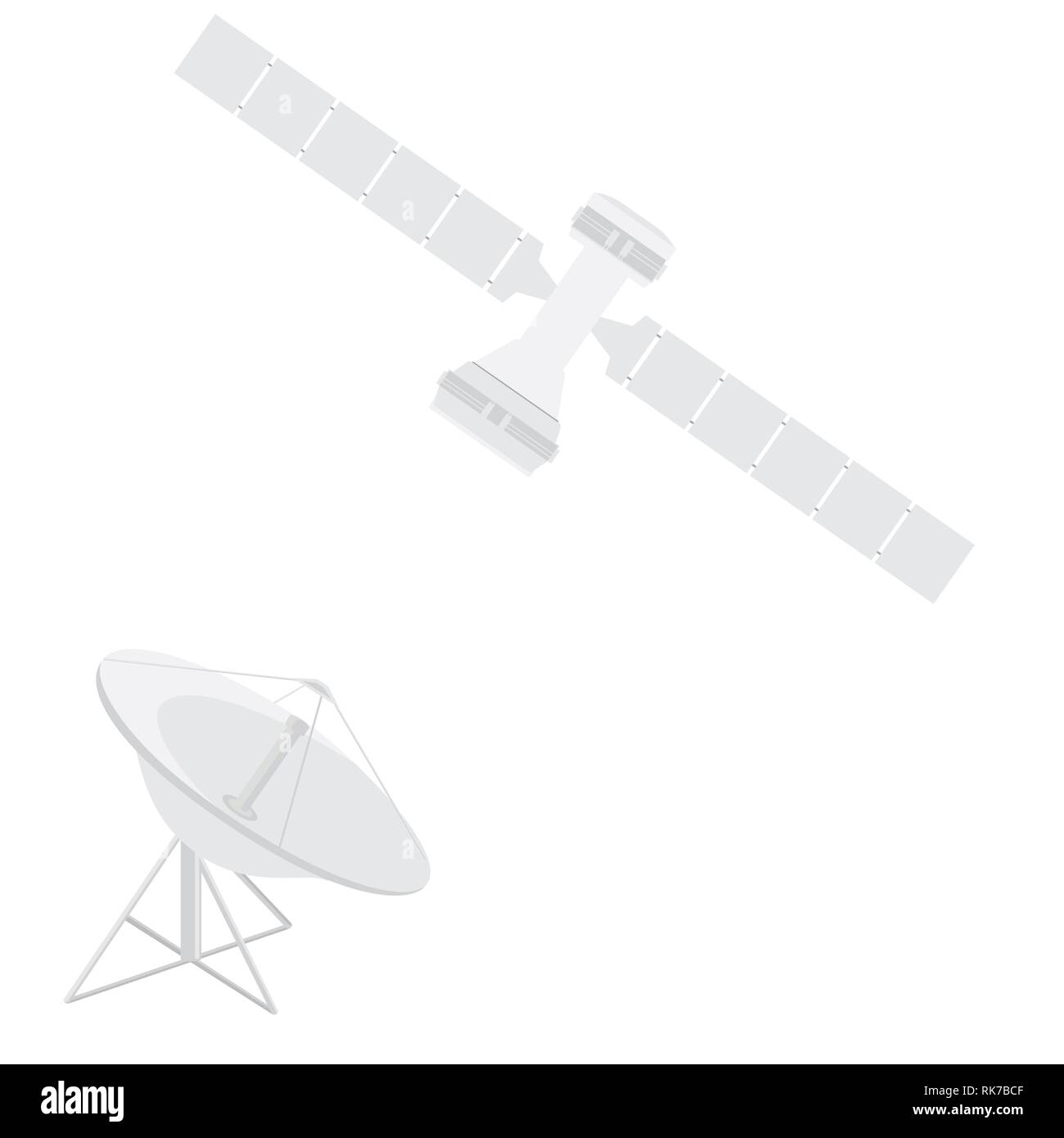 Vector Illustration Kommunikation Sat-Symbol mit Solarzellen, Akku. Satellitenschüssel. Radar Flachbild con. Stock Vektor