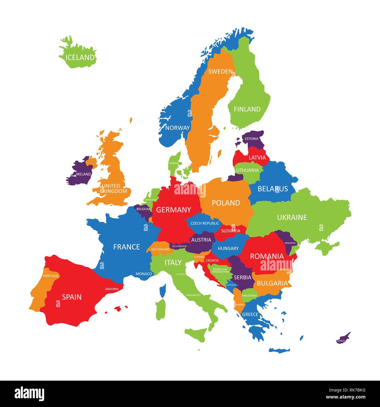 Vector Illustration Europakarte auf weißem Hintergrund. Europäischen Kontinent mit den Namen. Stock Vektor