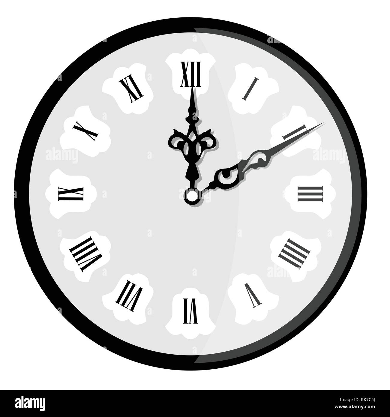 Vector Illustration elegante Wanduhr mit Vintage Stundenzeiger auf weißem  Hintergrund. Uhr an der Wand zeigt acht Uhr. Die römische Ziffer Wecker  Stock-Vektorgrafik - Alamy