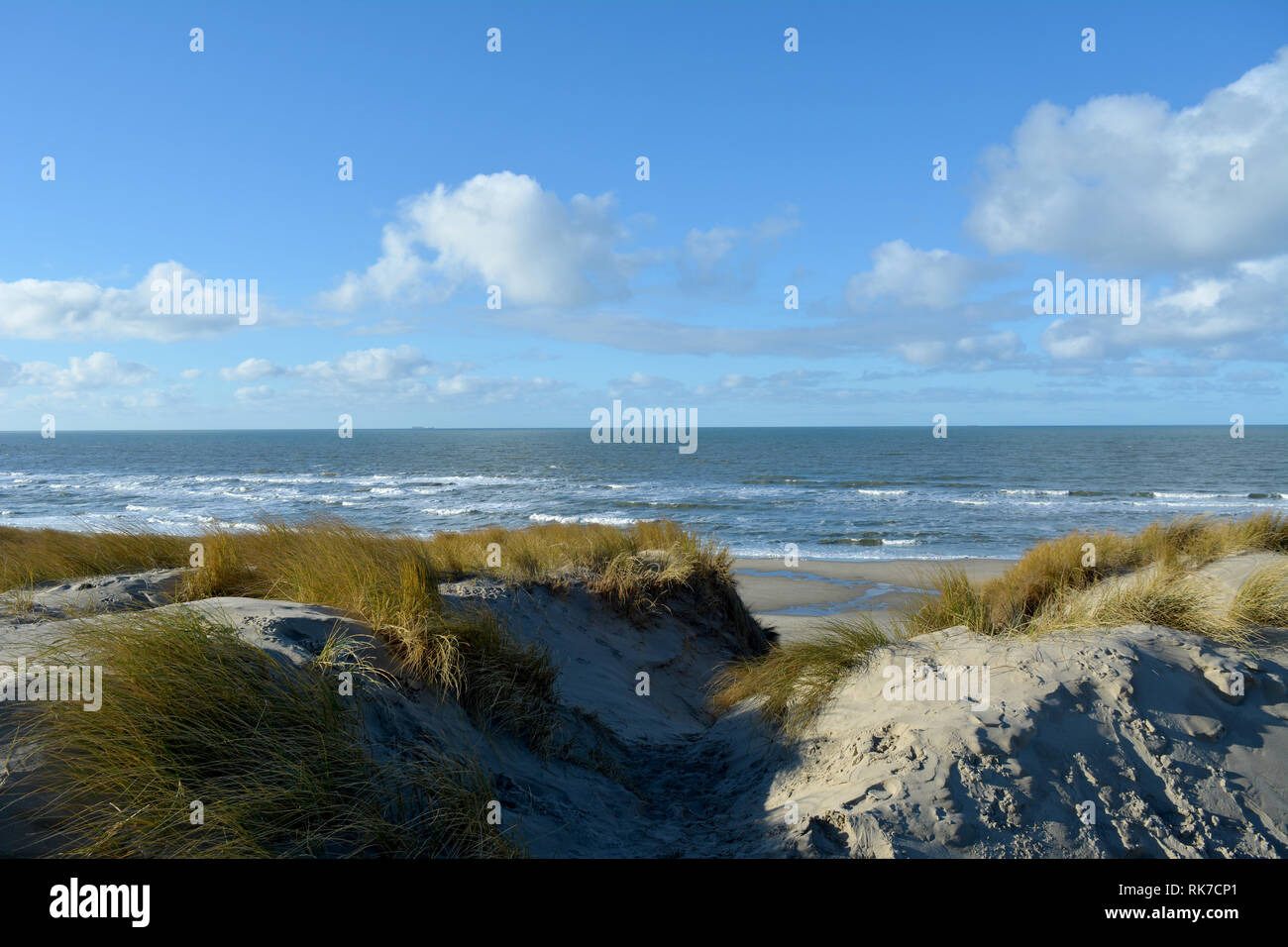 Ansicht zwischen zwei Dünen, mit Strand Gras gewachsen, auf einer Nordsee strand von Texel. Insel in Holland. Stockfoto