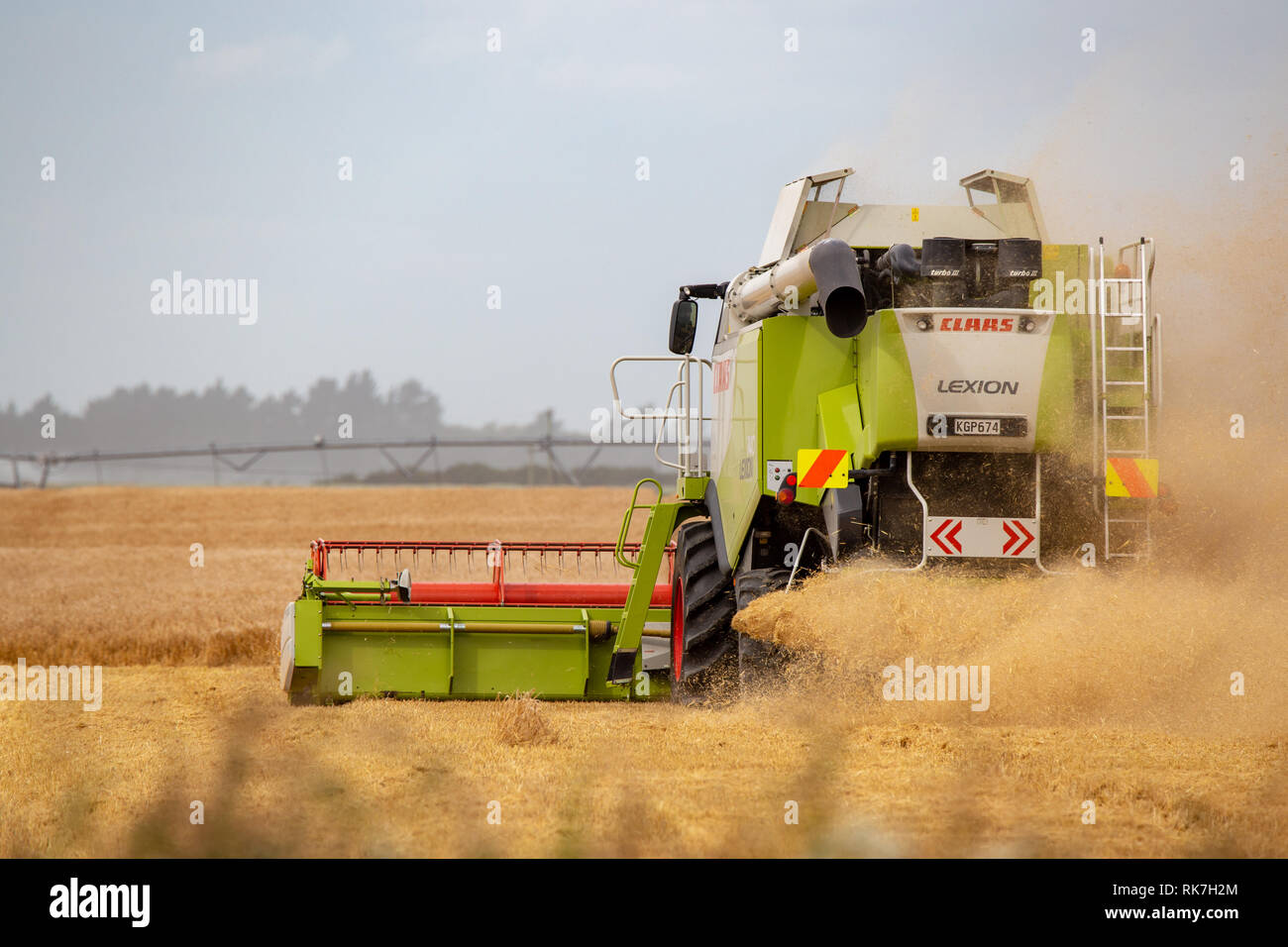 Dorie, Canterbury, Neuseeland - 19. Januar 2019: Landwirtschaftliche Maschinen Ernte von Gerste im Sommer Stockfoto