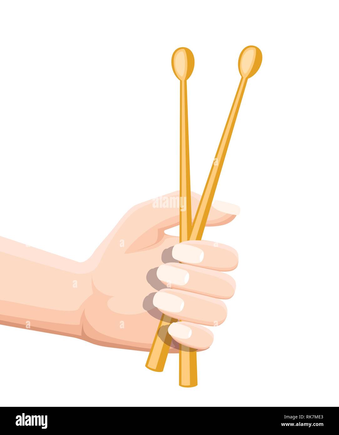 Hand, Holz- und Unterschenkeln. Musical Instrument für Drum. Flache Vector Illustration auf weißem Hintergrund. Stock Vektor