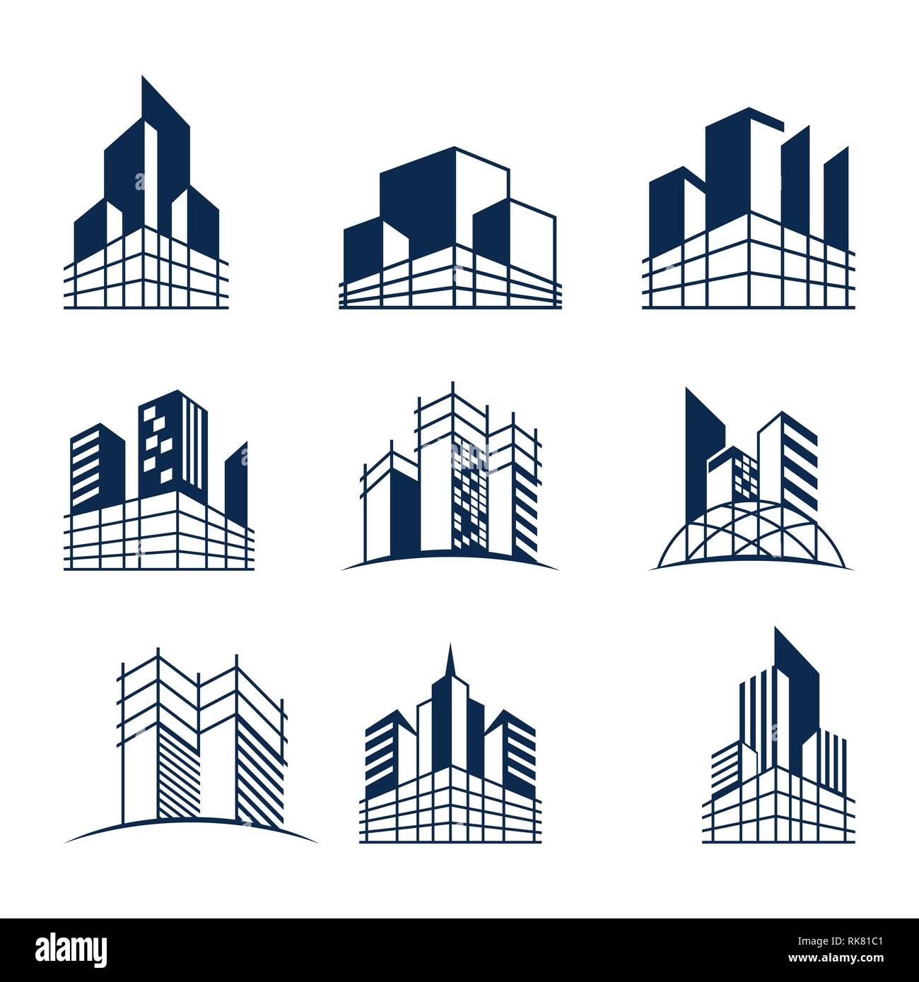 Gebäude logo Bundle, verschiedene Formen und Modelle von Gebäuden mit Gerüst, geeignet für Bau- oder Immobilien Logos. Stockfoto