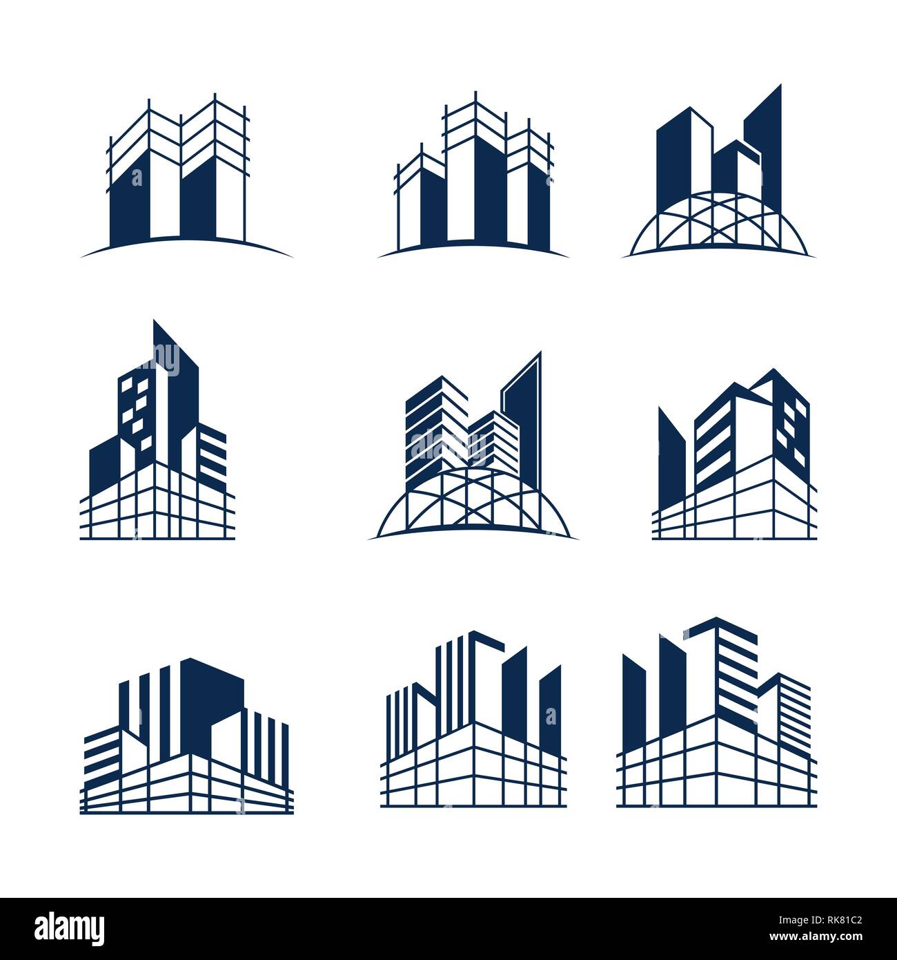 Gebäude logo Bundle, verschiedene Formen und Modelle von Gebäuden mit Gerüst, geeignet für Bau- oder Immobilien Logos. Stockfoto