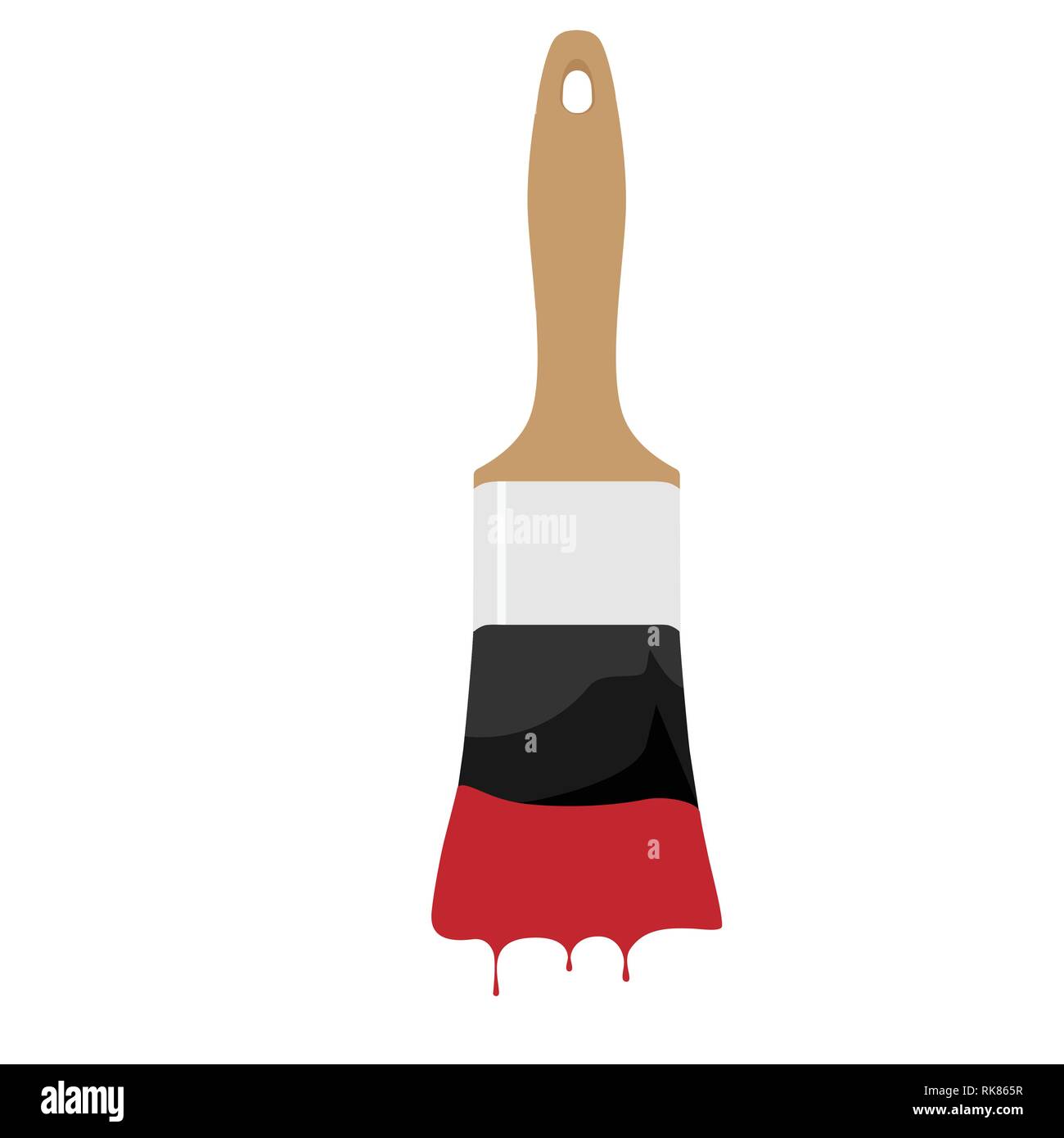 Pinsel mit braunem Holzgriff Zeichnung mit roter Farbe Vector Illustration. Pinsel Symbol Stock Vektor