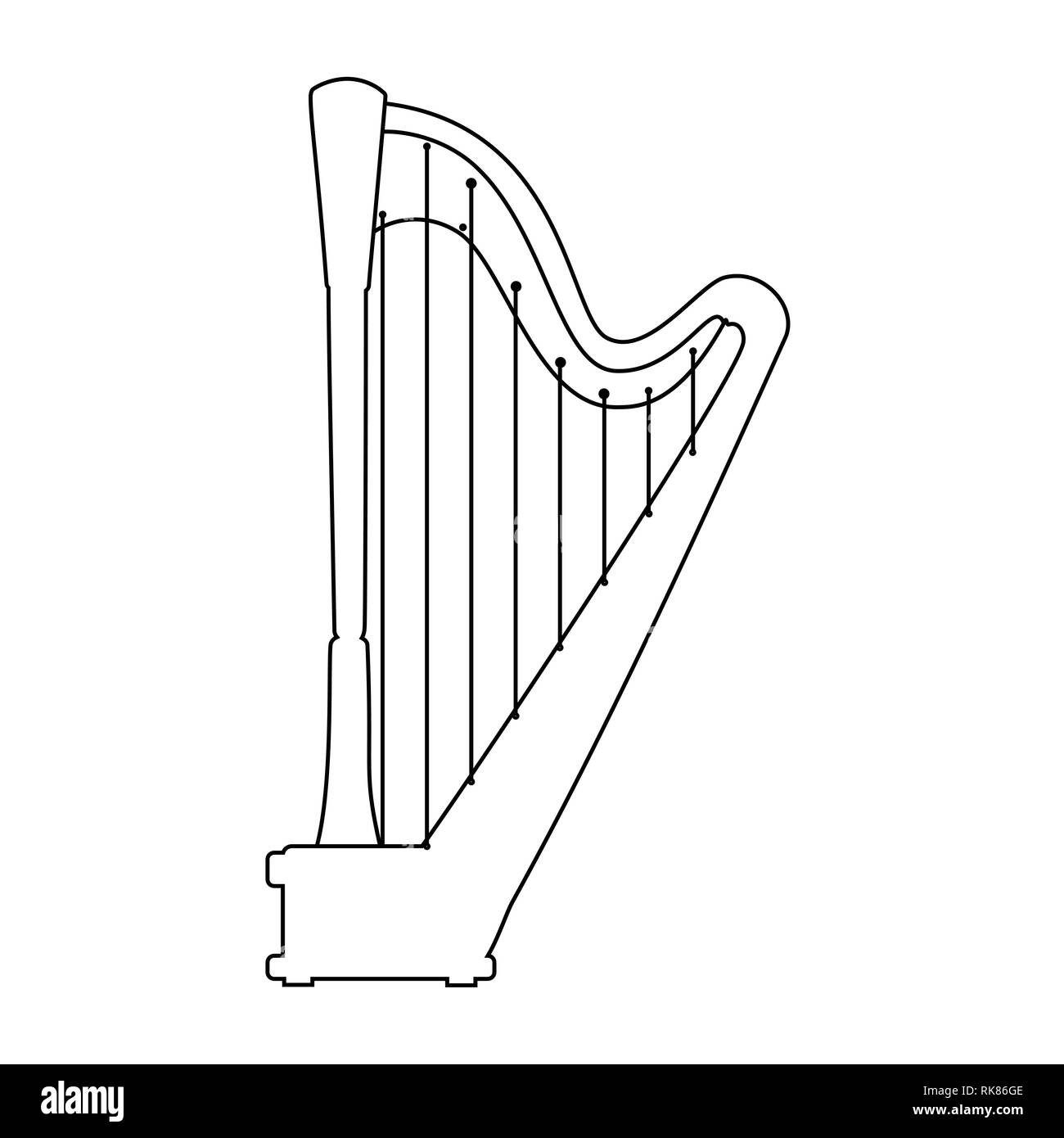 Vektor Maßbild Line klassische Musik instrumet. Pedalharfe auf weißem Hintergrund. Stock Vektor