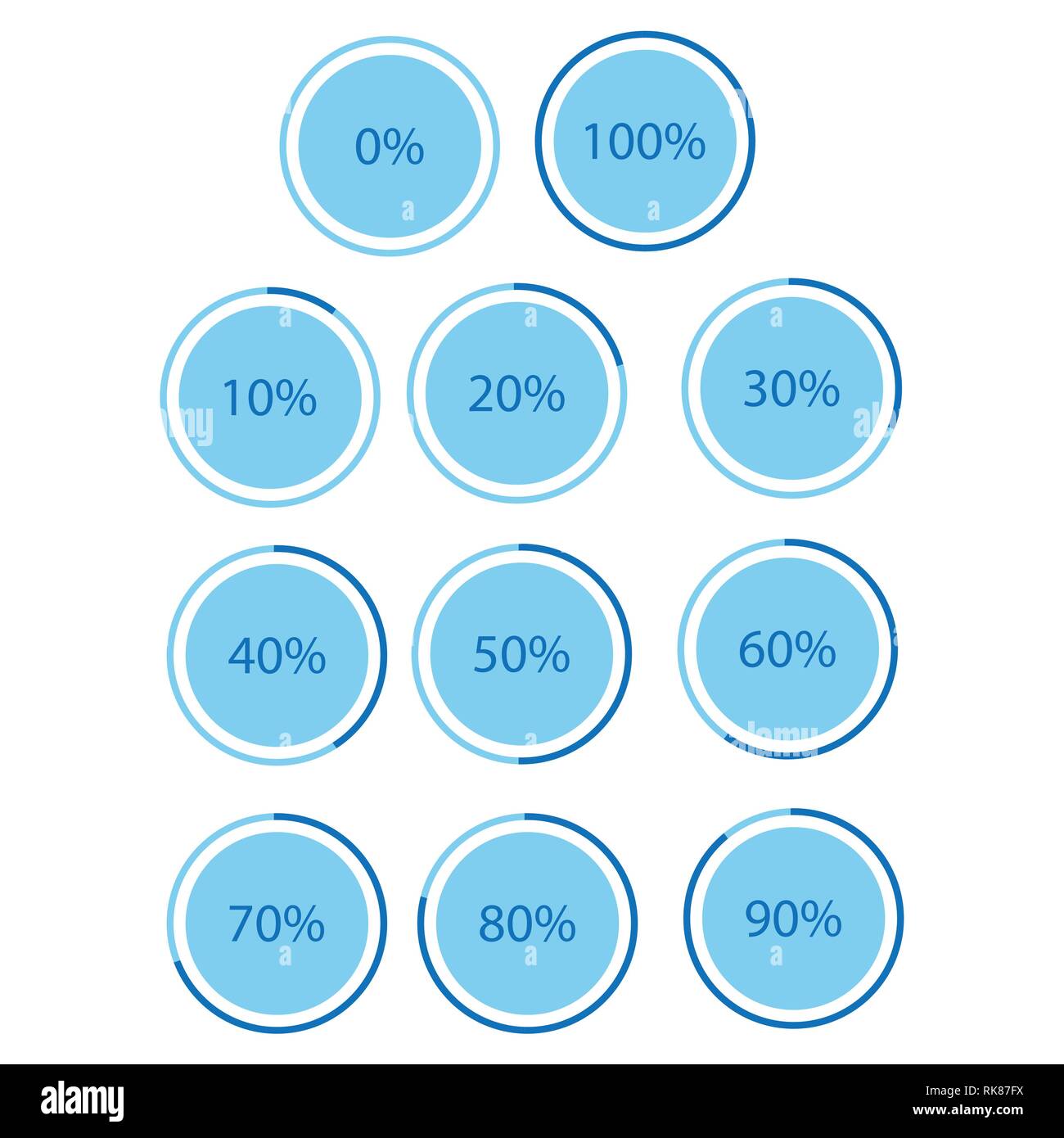 Vector Illustration blau rund, Kreis Kreisdiagramm, Chart mit Prozentsatz 10 20 25 30 40 50 60 70 75 80 90 100 % Icon Set Stock Vektor