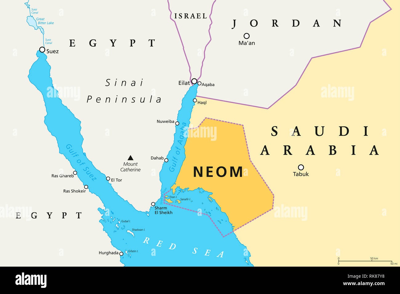 NEOM politische Karte des 500 Milliarden Dollar megacity Projekt in Saudi-Arabien entlang der Küste des Roten Meeres. Lage des smart und touristische Stadt. Stockfoto