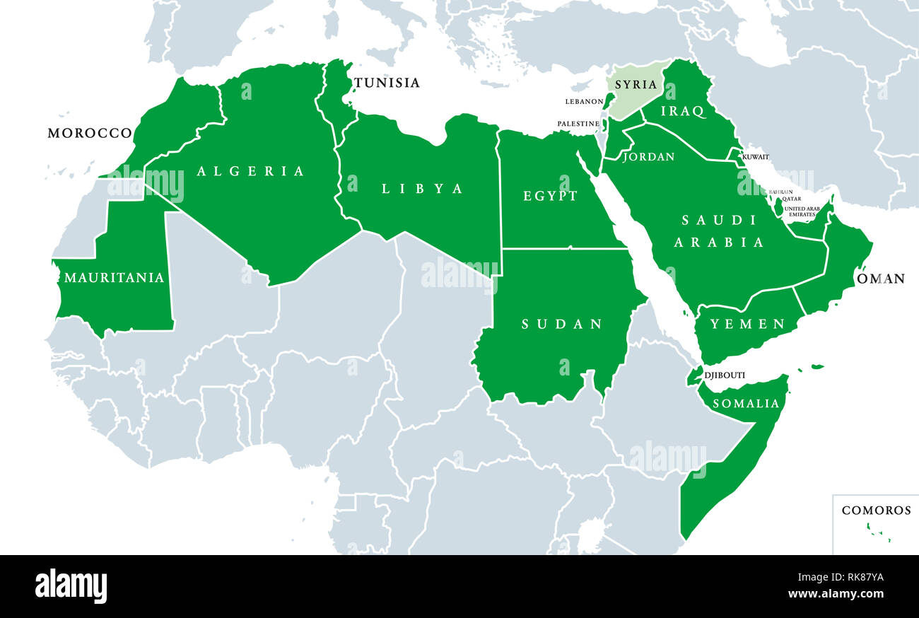 Arabische Liga politische Karte. Liga der Arabischen Staaten, die Lage in Nord Afrika und Arabien. Regionale Organisation der 22 Mitgliedstaaten. Syrien ausgesetzt. Stockfoto