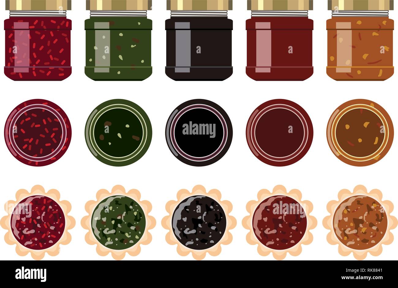 Vektor kleines Glas Marmelade Gläser mit Erdbeere, Heidelbeere, Aprikose, Apfel, Kirsche, Kiwi, Orange und Himbeere Marmelade. Vordere und obere Ansicht. Kuchen mit Obst ja Stock Vektor