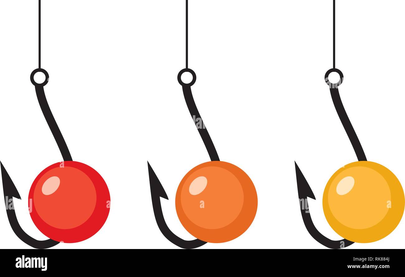 Vektor Angelhaken und rot, orange und gelb Köder isoliert auf weißem Hintergrund. Fisch Köder und Haken Symbole Stock Vektor