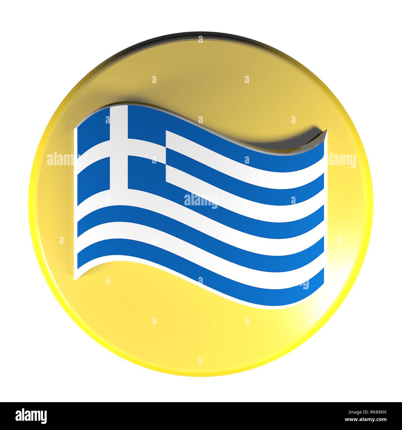 Gelber Kreis Push Button griechische Flagge - 3D Rendering illustration Stockfoto