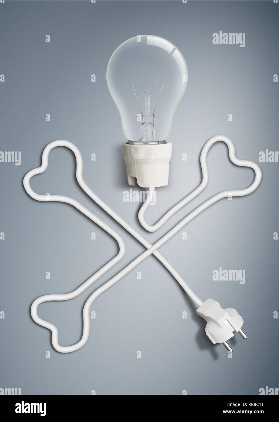 Strom Konzept, Lampe mit Kabel wie Knochen, Schädel Stockfoto