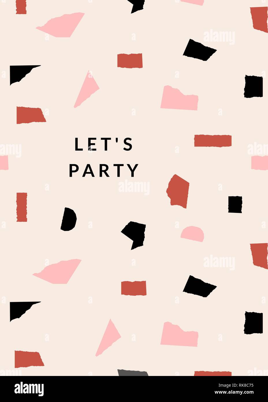 Grußkartenvorlage mit Papier schneiden Formen in Schwarz, Rot und Pastell rosa auf Creme Hintergrund. Text Let's Party. Kreative und Moderne Collage Stil wa Stock Vektor