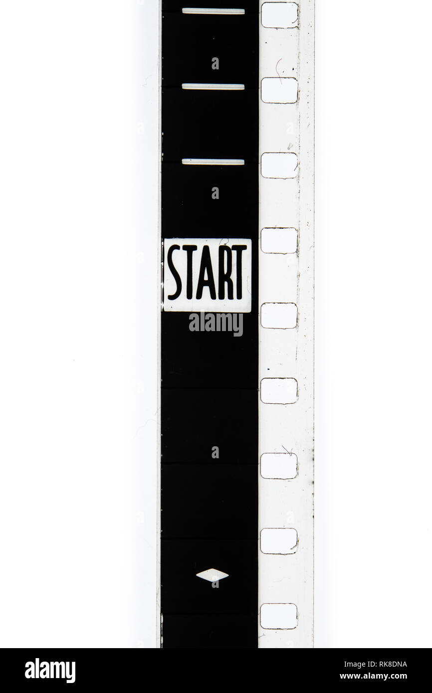 Extreme Nahaufnahme von 8mm Film Strip mit Start Sms auf Rahmen Stockfoto
