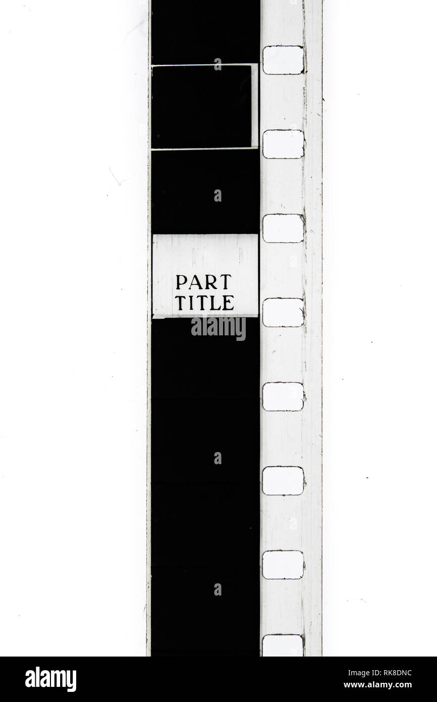 Extreme Nahaufnahme von 8mm Film Strip mit Titel text Nachricht auf Rahmen Stockfoto