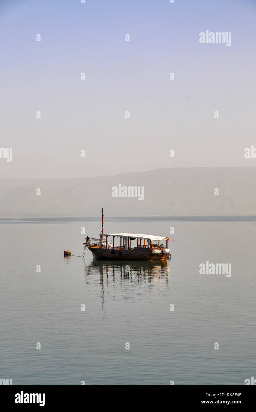 Die Hoffnung Boot. Replik von Jesus' Boot. Altes, hölzernes Boot in den See von Galiläa, ungedeckte datiert in die Zeit von Jesus Christus. Die ursprüngliche Boot ist auf Dis Stockfoto