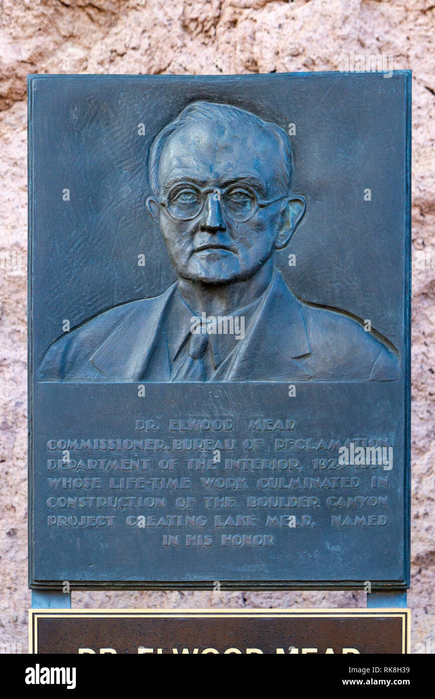 Denkmal für Dr Elwood Mead (Namensgeber des Lake Mead) Hoover Dam, Nevada, United States. Stockfoto