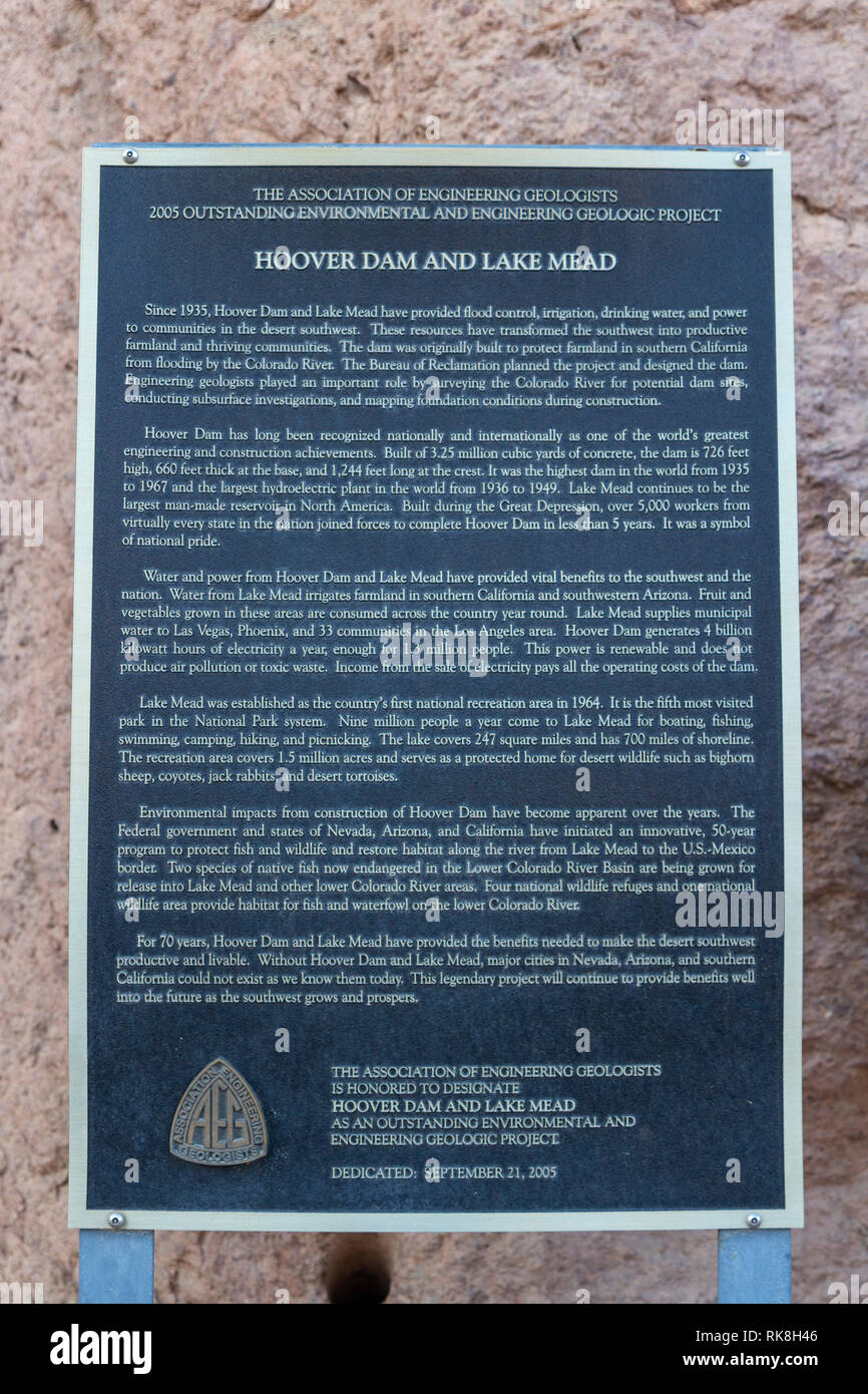 Gedenktafel von der Vereinigung der Engineering Geologen, Hoover Dam, Nevada, United States. Stockfoto