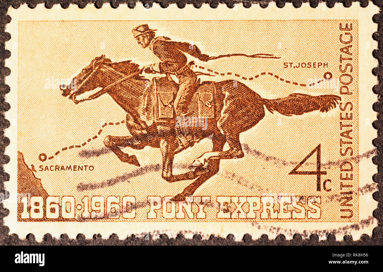 Legendäre Pony Express auf amerikanische Briefmarke Stockfoto