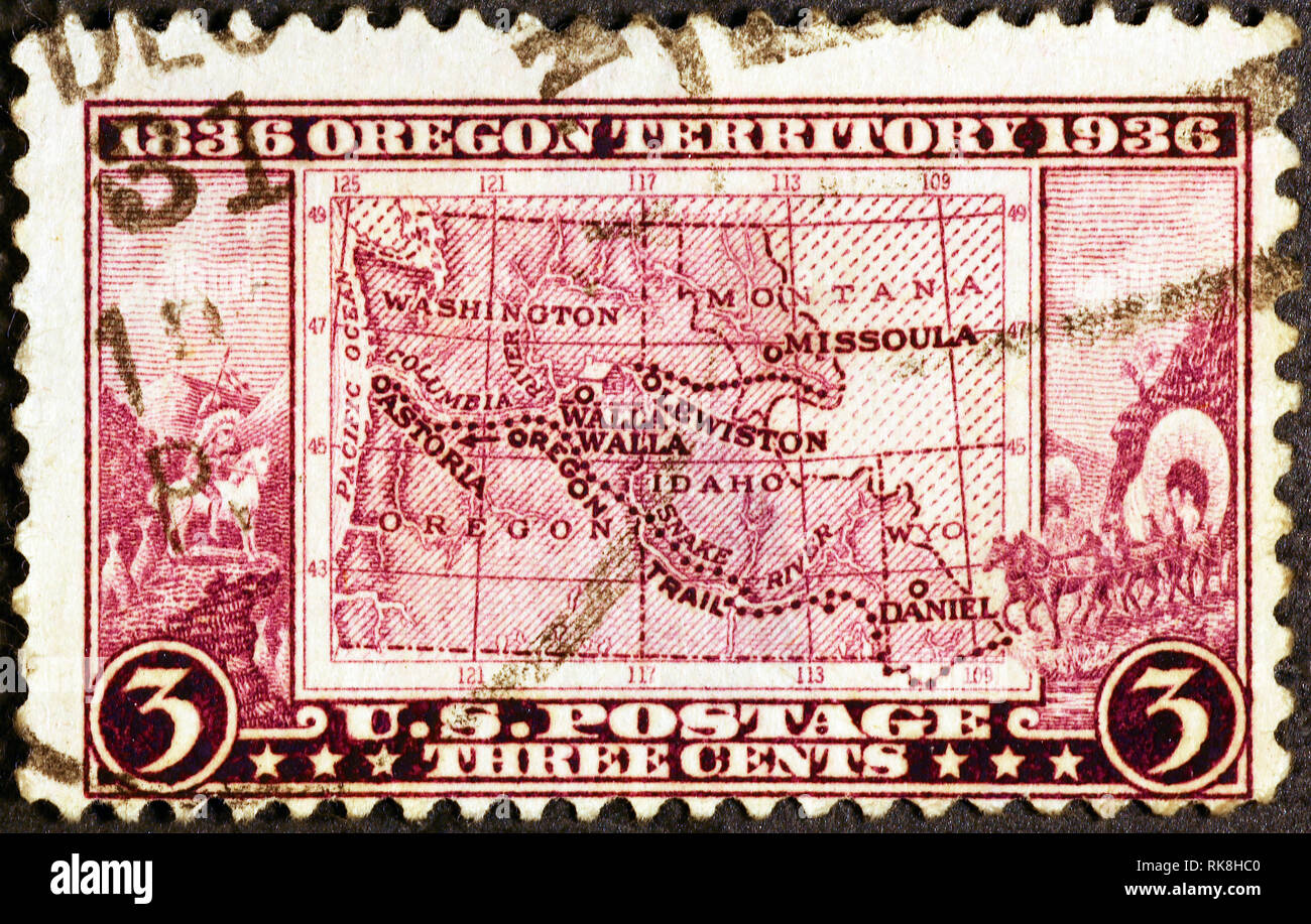 Karte von Oregon Trail auf Vintage amerikanische Briefmarke Stockfoto