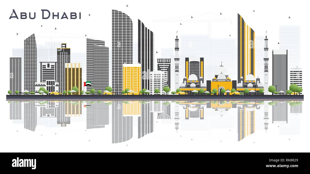 Abu Dhabi VAE Skyline der Stadt mit grauen Gebäuden und Reflexionen isoliert auf weißem Hintergrund. Vector Illustration. Tourismus Konzept mit modernen Gebäude Stock Vektor