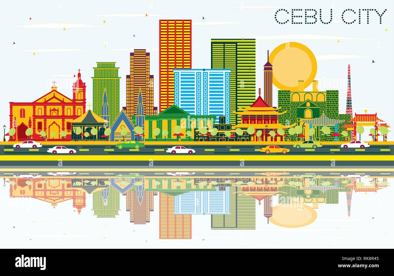 Philippinen Cebu City Skyline mit Farbe Gebäude, blauer Himmel und Reflexionen. Vector Illustration. Business Travel und Tourismus Konzept. Stock Vektor