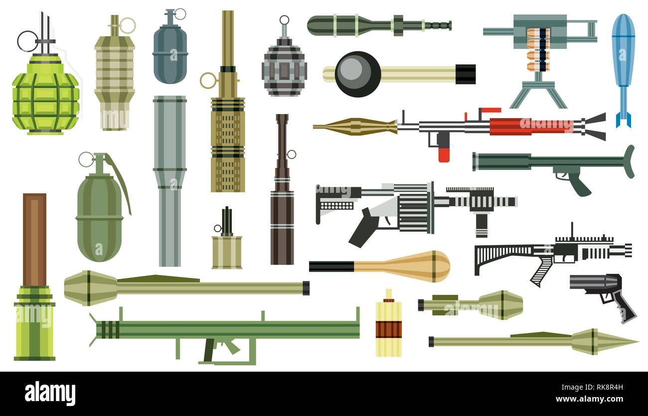 Arme Granate. Die militärische Waffe. Granatwerfer isoliert auf weißem Hintergrund. Vector Illustration. Stock Vektor