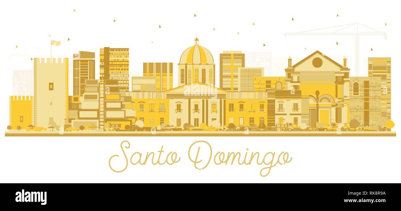 Santo Domingo Dominikanische Republik City Skyline Silhouette mit goldenen Gebäude isoliert auf Weiss. Vector Illustration. Stock Vektor