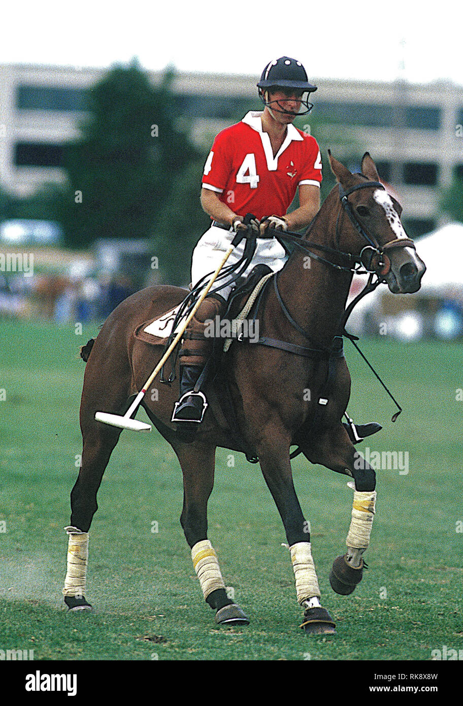 Oak Brook, Illinois, USA, September 5, 1986 Charles, Prinz von Wales die Zahl 4 spielt Polo an der Oak Brook Polo Club tragen als Teil seiner Tour bei seinem Besuch in Chicago. Der Prinz war der Kapitän der englischen Mannschaft wie es gespielt gegen das US-Team für den Prinzen von Wales Cup Credit: Mark Reinstein/MediaPunch Stockfoto