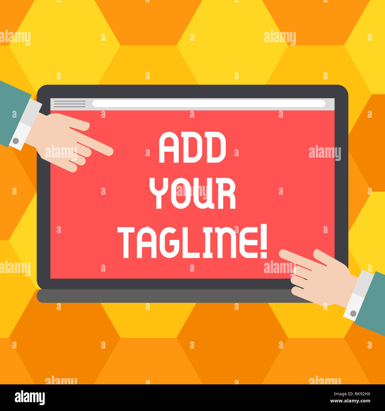 Handschrift text Ihr Slogan hinzufügen. Begriff Sinne Slogan in Marketing und Werbung Hu Analyse Hände von beiden Seiten verweisen auf ein Stockfoto