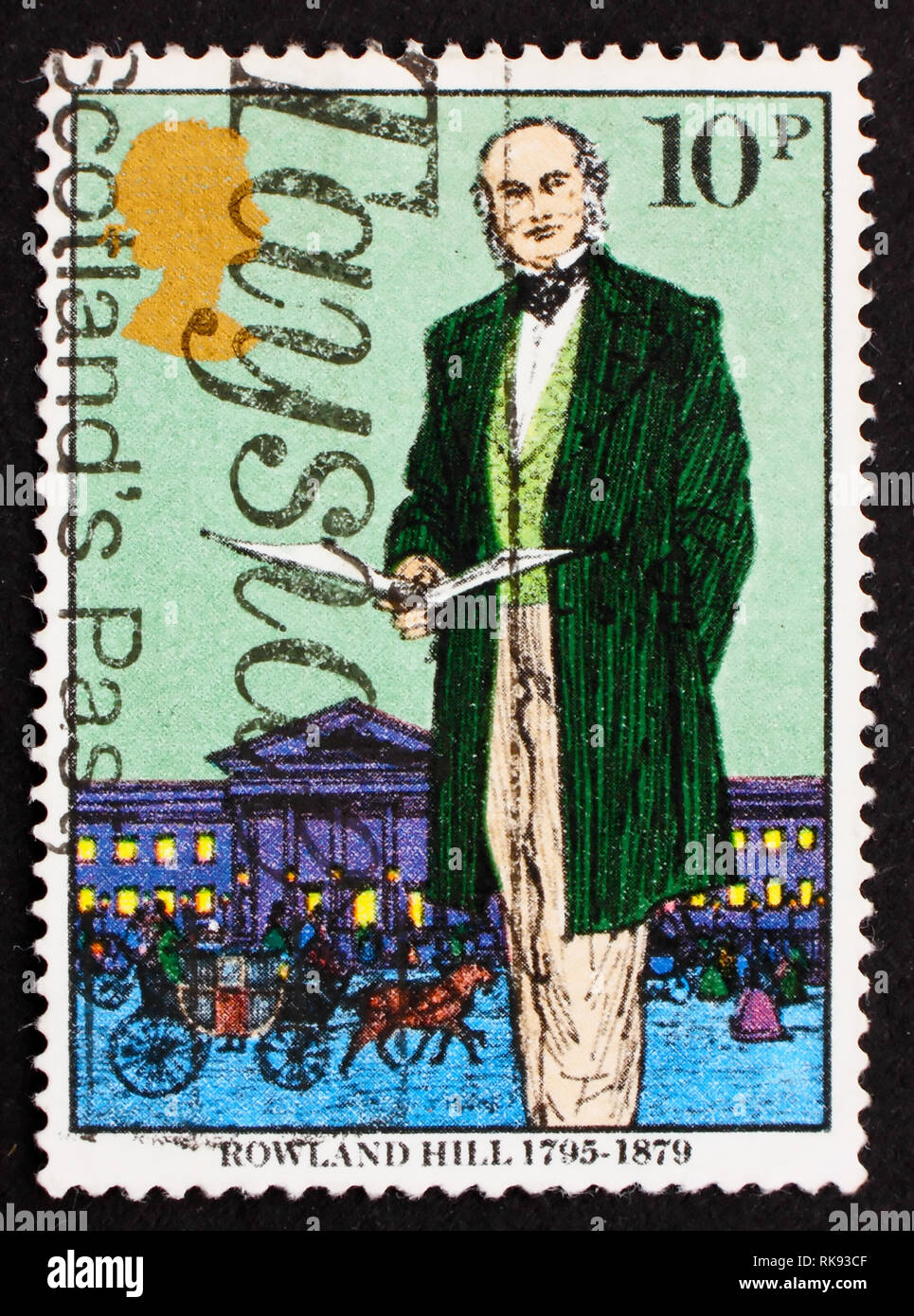 Großbritannien - ca. 1979: einen Stempel in den Großbritannien gedruckten zeigt Sir Rowland Hill, Urheber von Penny Porto, Reformer des Postwesens, c Stockfoto