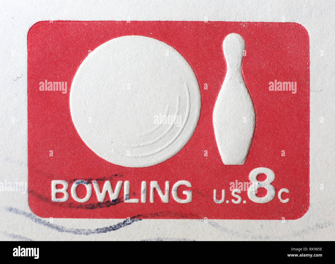 Bowling Kugel und Stift auf amerikanische Briefmarke Stockfoto