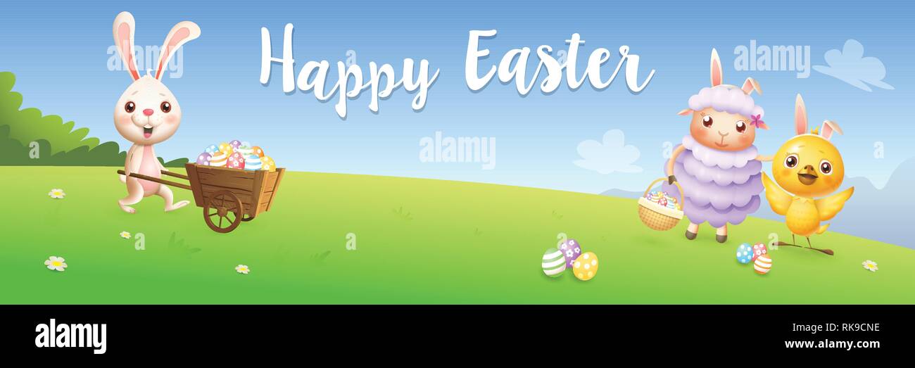 Frohe Ostern Banner - Hase Huhn und Lamm Jagd Eier auf Frühling Landschaft Hintergrund Stock Vektor